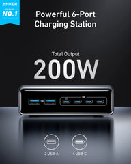 Anker Prime Charger (200W, 6 Ports, GaN) and Anker USB-C to USB-C Cable (6 ft, 240W, Upcycled-Braided)