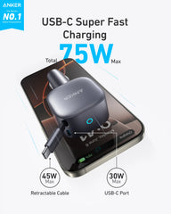 Anker Nano 75W Car Charger and Anker Prime USB-C to USB-C Cable (240W, Upcycled-Braided)