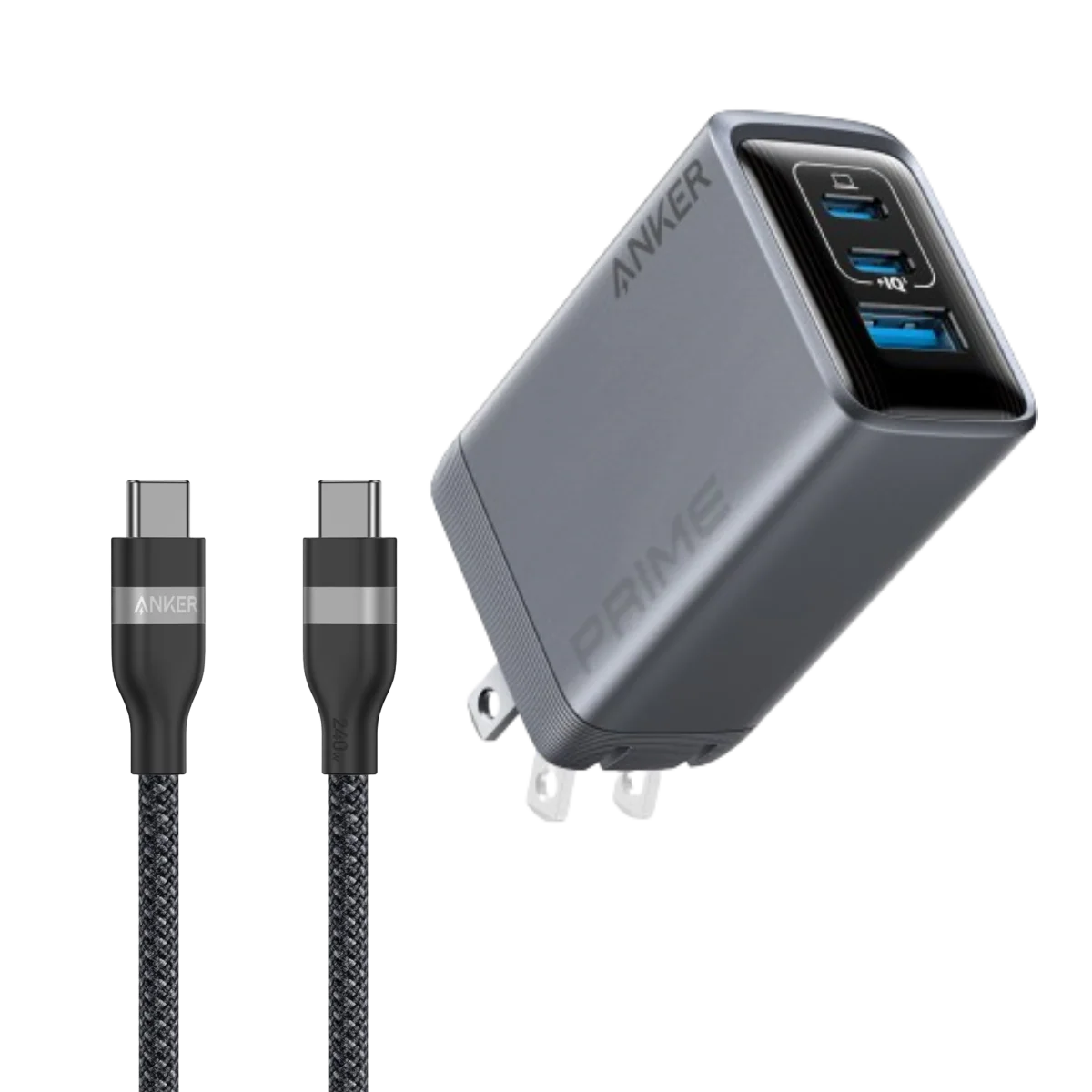 Anker Prime Charger (100W, 3 Ports, GaN) and Anker USB-C to USB-C Cable (3 ft / 6 ft, 240W, Upcycled-Braided)
