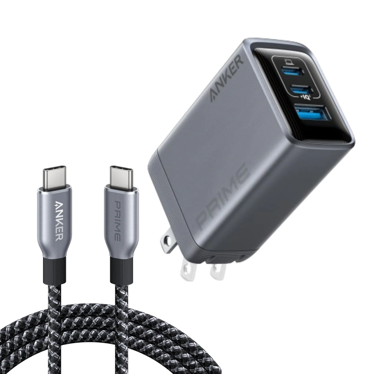 Anker Prime Charger (100W, 3 Ports, GaN) and Anker Prime USB-C to USB-C Cable (240W, Upcycled-Braided)