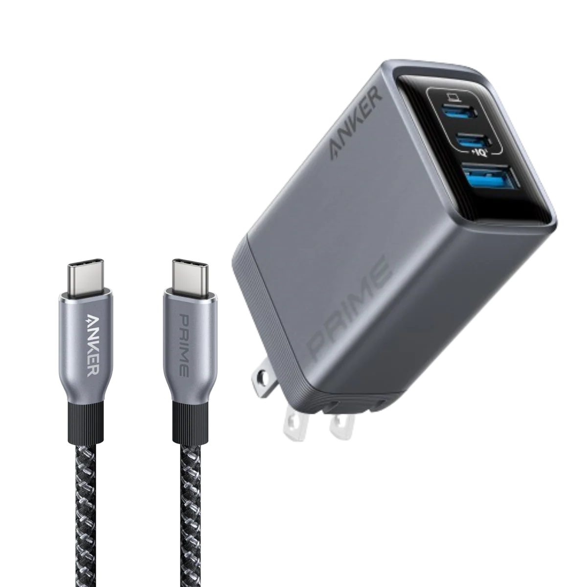 Anker Prime Charger (100W, 3 Ports, GaN) and Anker Prime USB-C to USB-C Cable (240W, Upcycled-Braided)