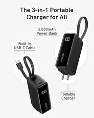 Anker Power Bank (30W, 5k,  Fusion, Built-In USB-C Cable)