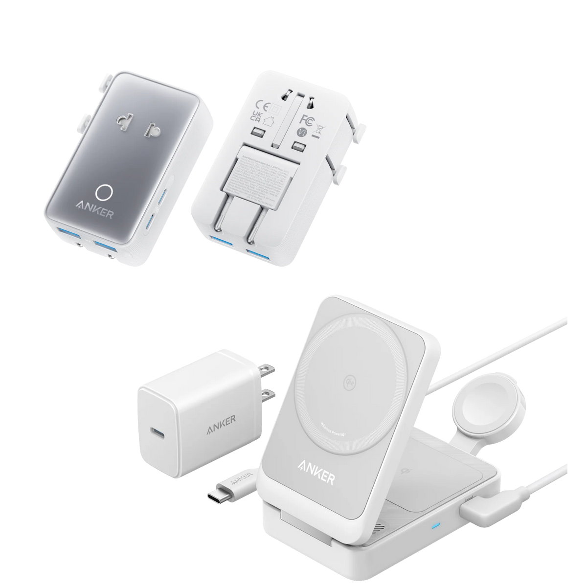 Anker MagGo Wireless Charging Station (Foldable 3-in-1) & Anker Nano Travel Adapter (5-in-1, 20W, 1-Pack)