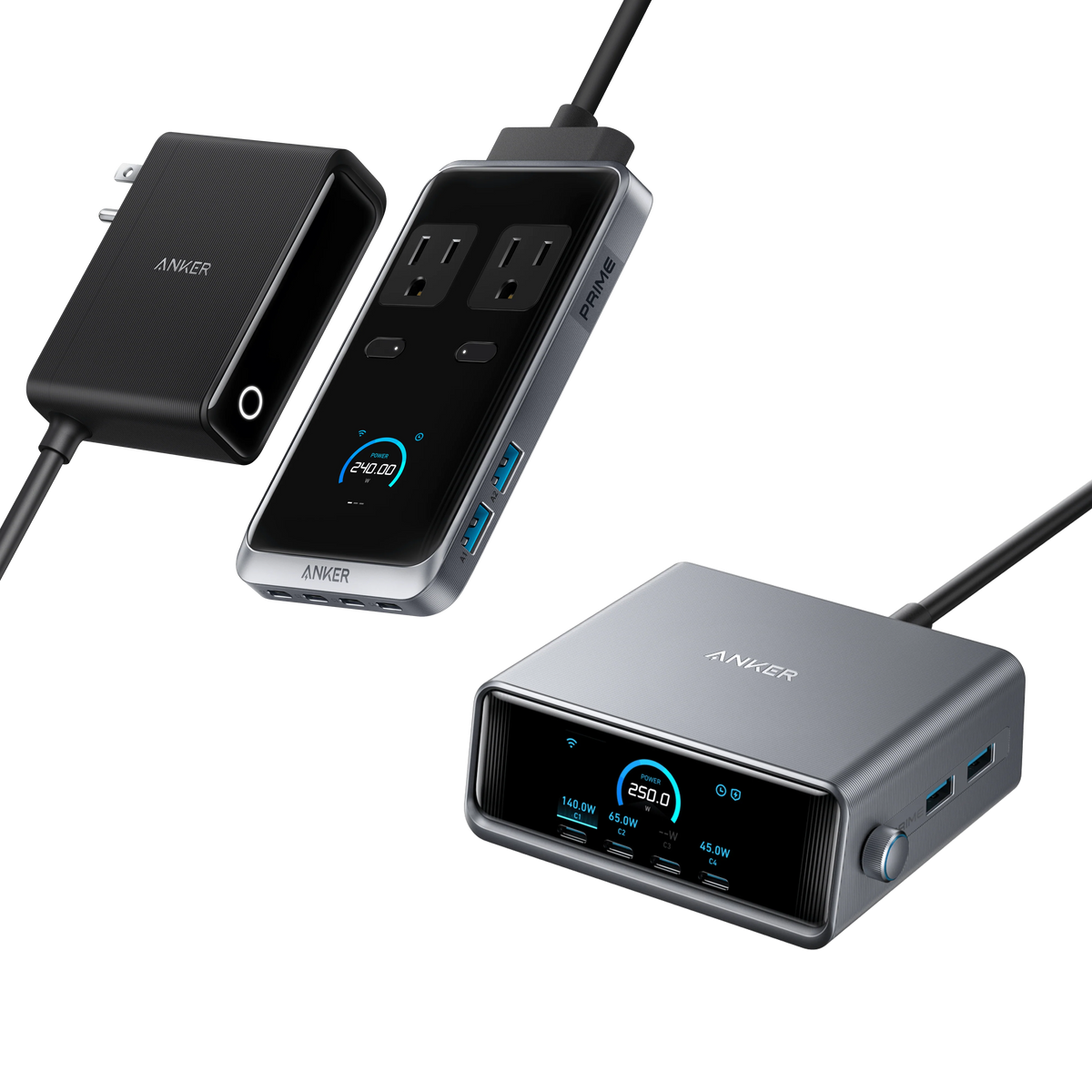 Anker Prime Charger (250W, 6 Ports, GaNPrime) and Charging Station (8-in-1, 240W)