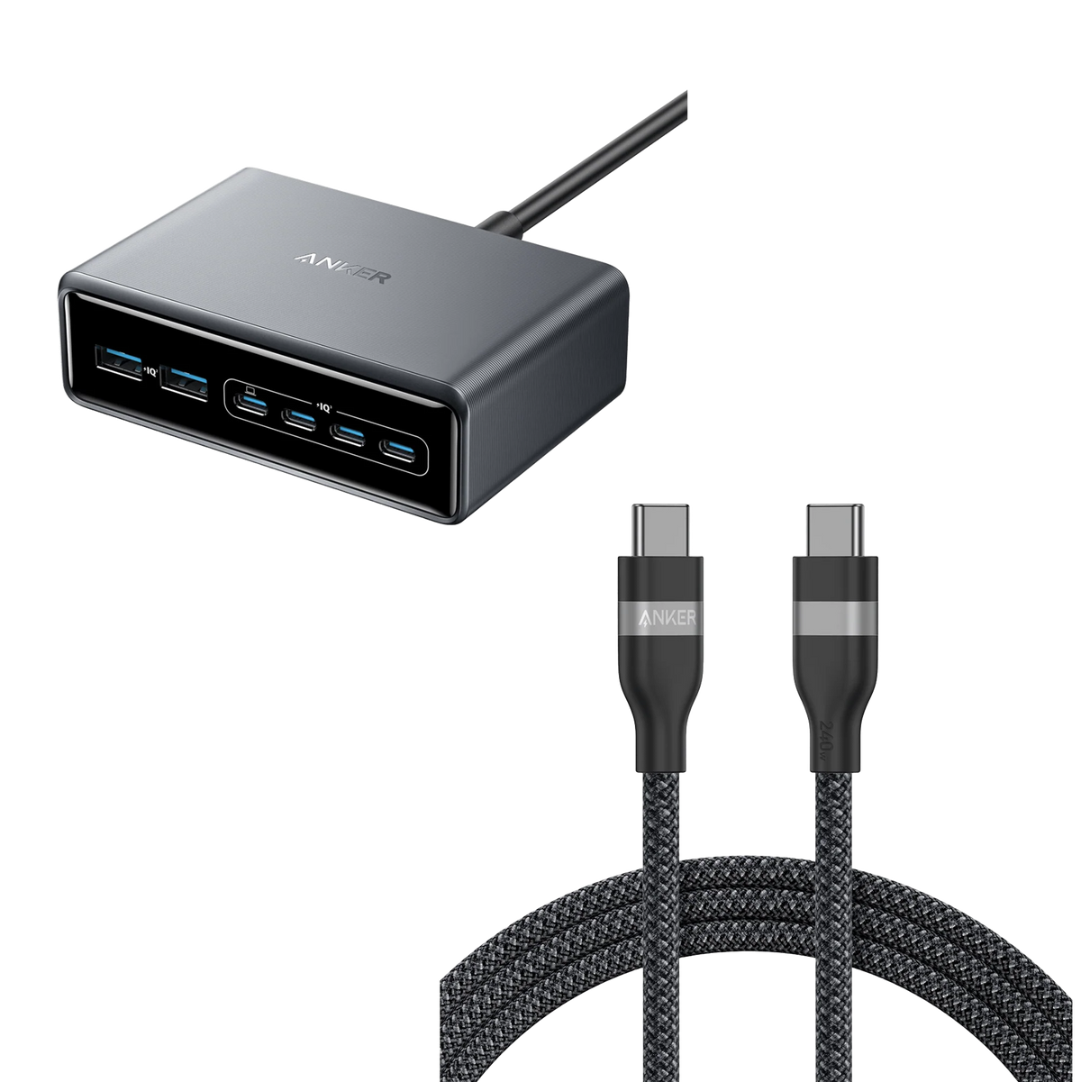 Anker Prime Charger (200W, 6 Ports, GaN)  and Anker USB-C to USB-C Cable (6 ft, 240W, Upcycled-Braided)