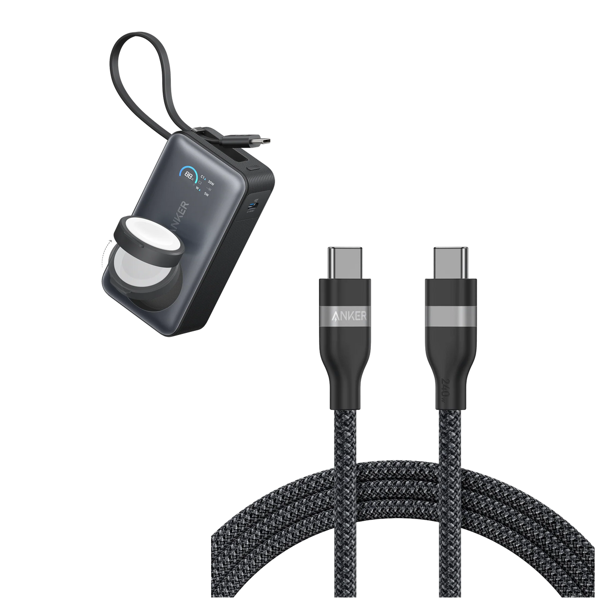 Anker MagGo Power Bank (10K, 35W, For Apple Watch) and Anker USB-C to USB-C Cable (6 ft, 240W, Upcycled-Braided)