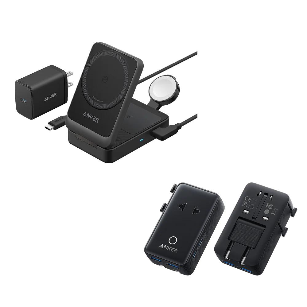 Anker MagGo Wireless Charging Station (Foldable 3-in-1) & Anker Nano Travel Adapter (5-in-1, 20W, 1-Pack)