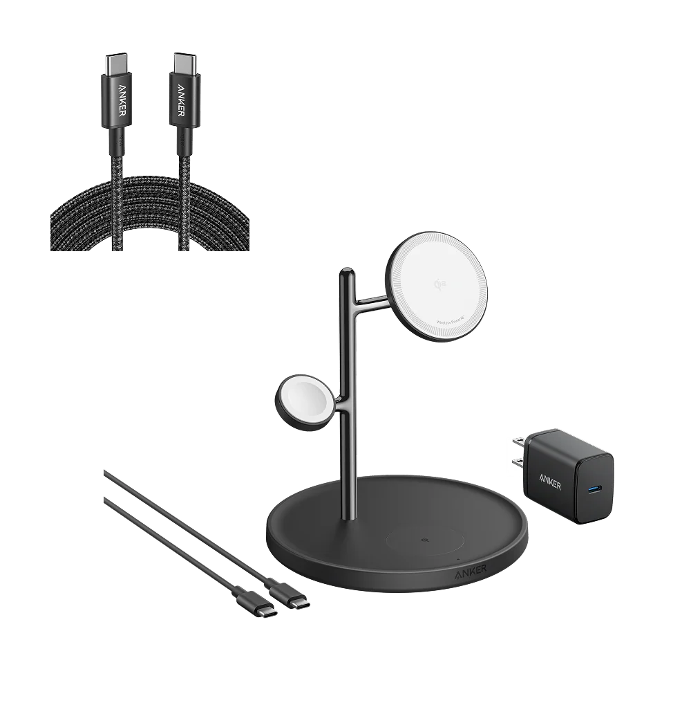 Anker MagGo Wireless Charging Station (3-in-1 Stand) and New Nylon USB-C to USB-C 100W Cable (10 ft)