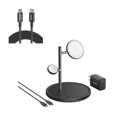 Anker MagGo Wireless Charging Station (3-in-1 Stand) and New Nylon USB-C to USB-C 100W Cable (10 ft)