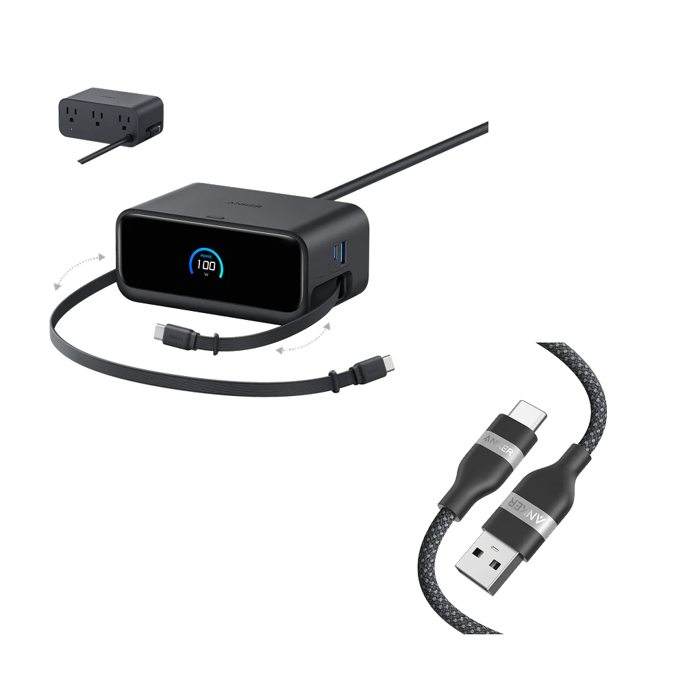 Anker Nano Charging Station (7-in-1, 100W) & Anker USB-A to USB-C Cable (6 ft, Upcycled-Braided)