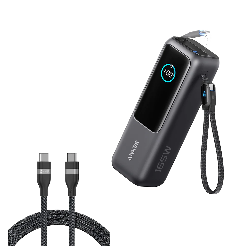 Anker Laptop Power Bank (25K, 165W, Built-In and Retractable Cables) and Anker USB-C to USB-C Cable (3 ft / 6 ft, 240W, Upcycled-Braided)